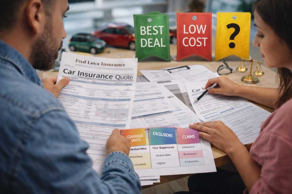 Couple comparing car insurance quotes and coverage details at a desk
