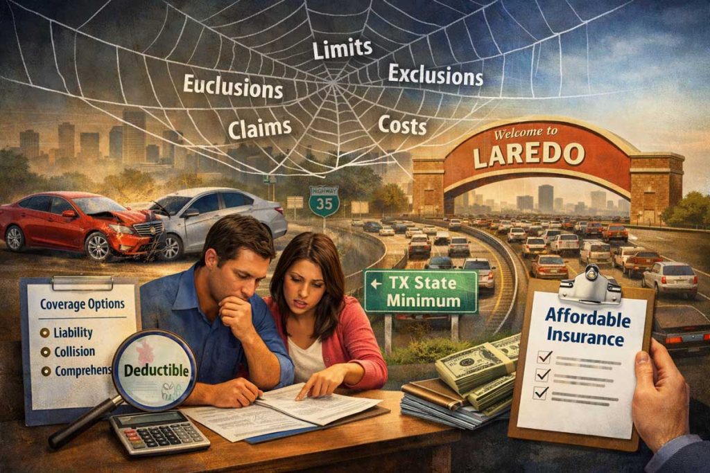 Couple reviewing auto insurance paperwork in Laredo, Texas, with busy traffic, a minor car accident, and visual elements showing coverage details, deductibles, and policy limits.