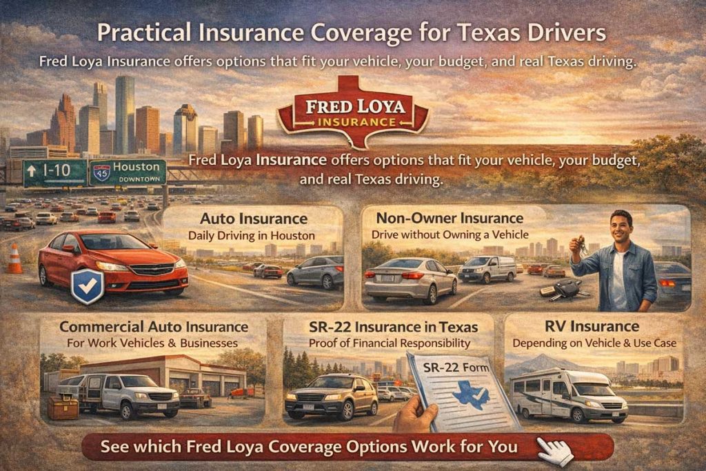 Fred Loya Insurance Services **Alt text:**
Illustration showing Fred Loya Insurance coverage options for Texas drivers, including auto insurance for daily driving, non-owner insurance, commercial auto insurance, SR-22 coverage, and RV insurance, set against a Houston skyline.