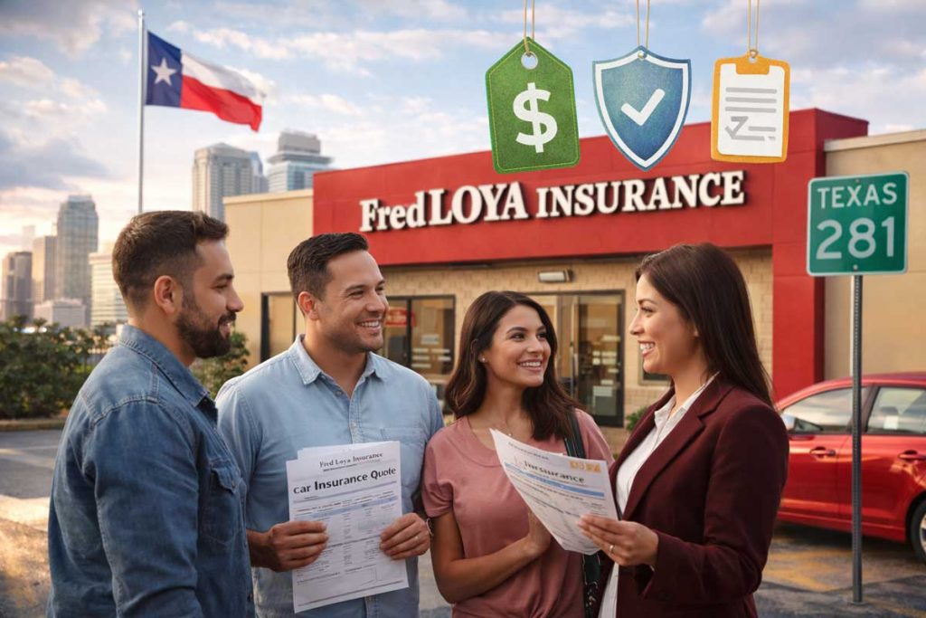Drivers speaking with an insurance agent outside a Fred Loya Insurance office in Texas