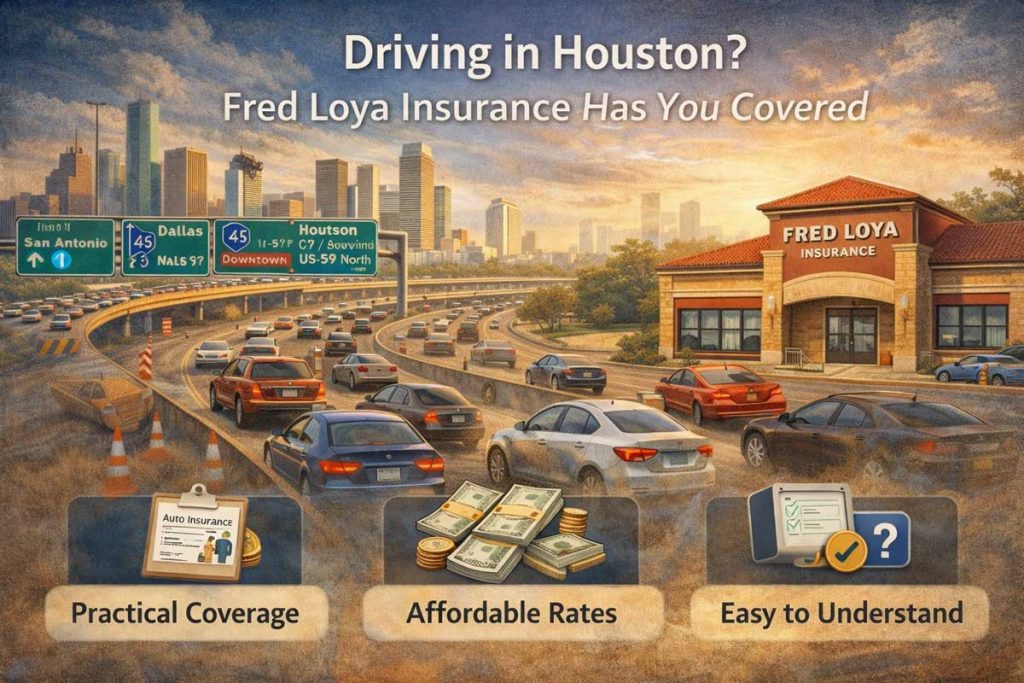 Fred Loya Insurance in Houston, Texas **Alt text:**
Illustration of heavy Houston traffic on I-10, I-45, and US-59 with construction zones and a Fred Loya Insurance office, highlighting practical auto coverage, affordable rates, and easy-to-understand policies for Texas drivers.