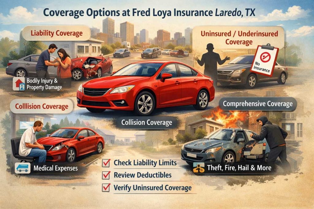 Illustrated infographic showing coverage options at Fred Loya Insurance in Laredo, TX, with a red sedan in the center and panels for liability, collision, comprehensive, and uninsured/underinsured coverage, plus a checklist to compare limits and deductibles.