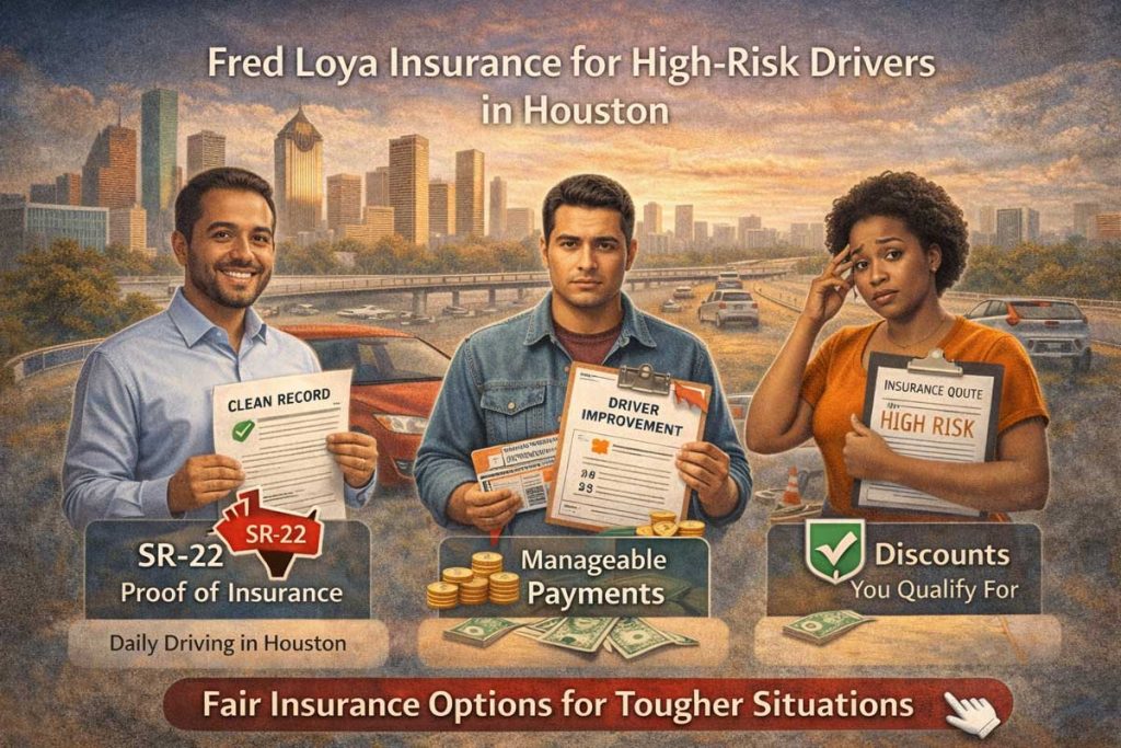 Why Choose Fred Loya **Alt text:**
Illustration showing different types of Houston drivers—including clean-record and high-risk drivers—with visuals highlighting manageable insurance payments, SR-22 proof of insurance, and discounts, set against Houston traffic and skyline.
