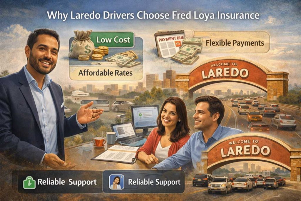 Illustration showing a local insurance agent meeting with a couple in Laredo, Texas, highlighting affordable auto insurance rates, flexible payment options, reliable customer support, and personalized local service.