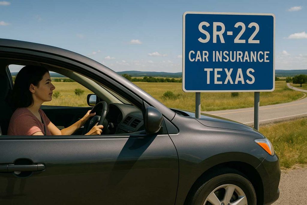 A woman drives through the Texas countryside, passing a road sign that reads 'SR-22 Car Insurance Texas,' symbolizing Loya Insurance’s commitment to supporting high-risk drivers with affordable, accessible coverage throughout the state.