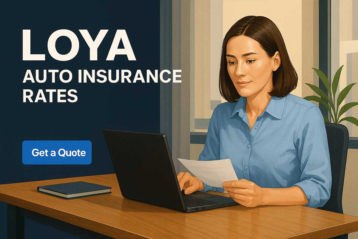 A professional woman with short brown hair sits at a wooden desk in a modern office, working on a laptop and holding a document. To her left is a bold website banner that reads "LOYA AUTO INSURANCE RATES" with a blue "Get a Quote" button. A potted plant and large windows are in the background, letting in natural light.
