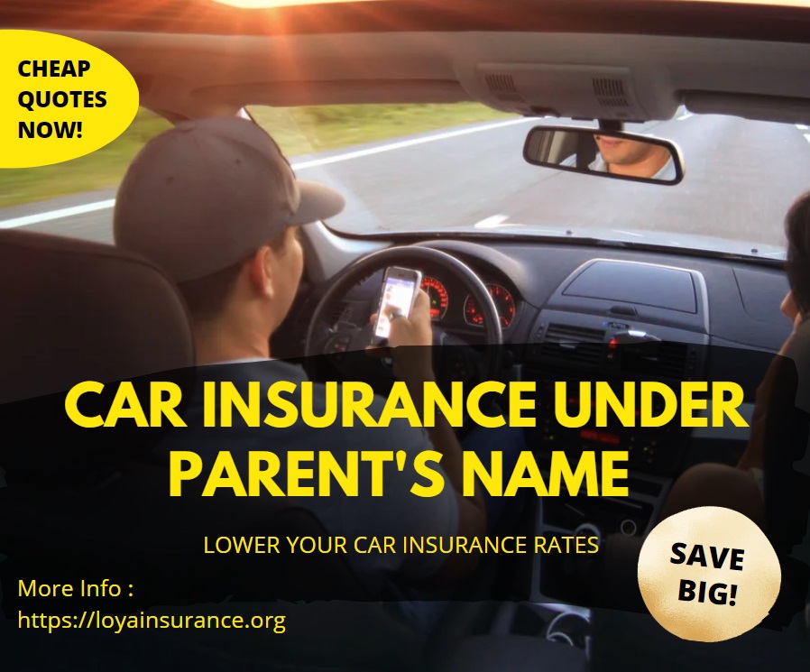 Teen driving a car while using a phone, with text overlay promoting cheap car insurance under a parent's name and savings on premiums.