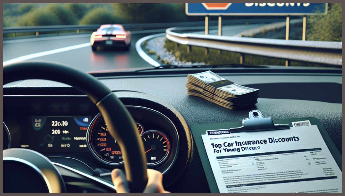 Illustration of a car, insurance policy documents, and discount icons representing savings for young drivers.