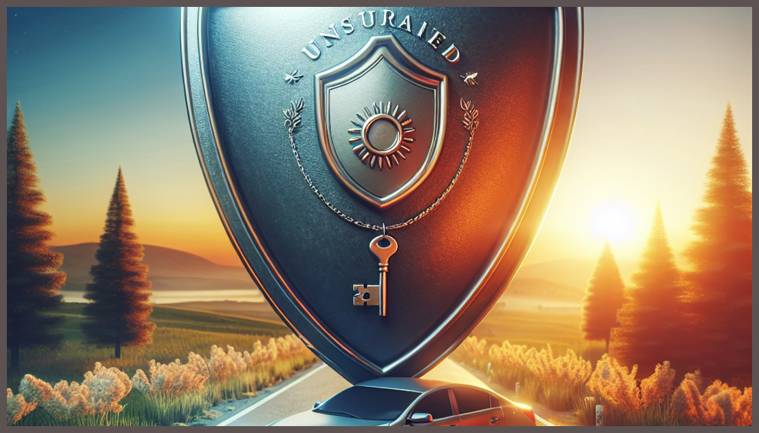 Illustration showing uninsured motorist coverage concepts, cars, and financial protection symbols.