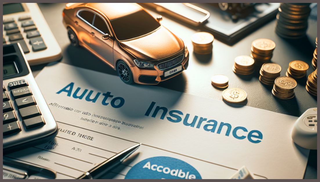 A calculator next to an insurance document and a car model.