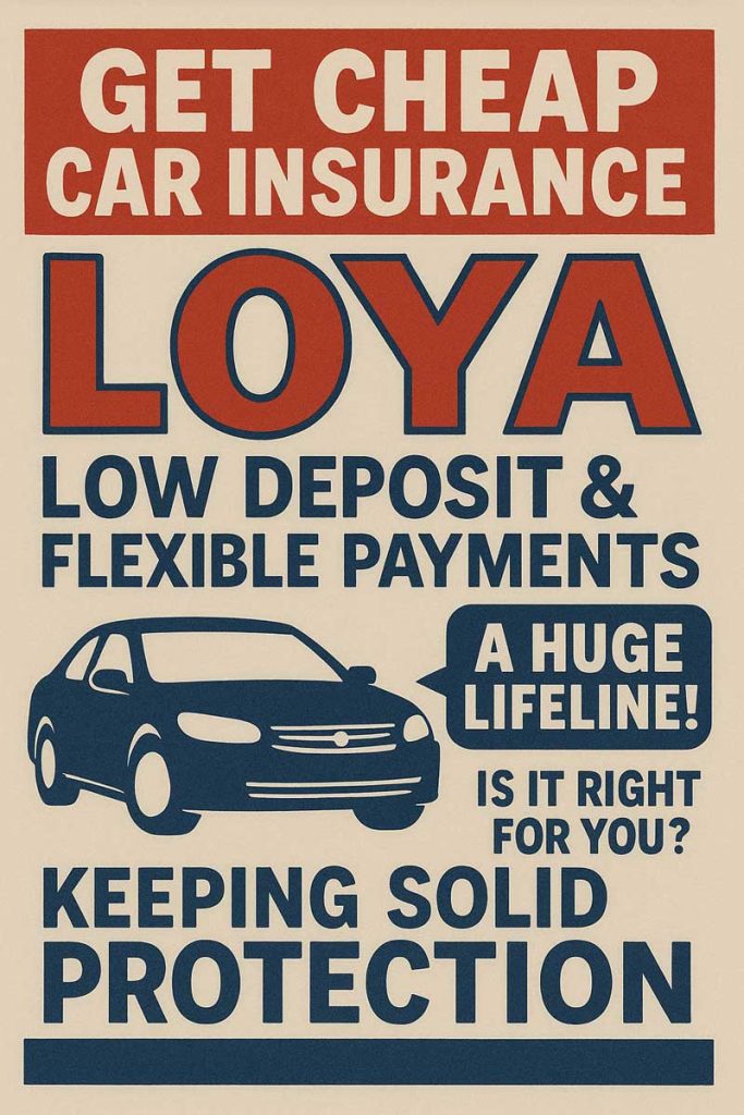 Vintage-style poster promoting cheap car insurance with low deposits and flexible payments from Loya Insurance.