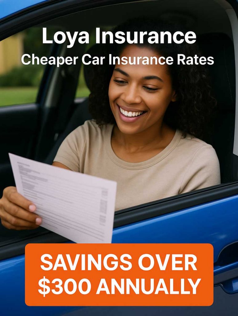 Smiling driver sitting in a blue car, reading her new Loya Insurance policy document, with bold text that says “Cheaper Car Insurance Rates” and an orange banner highlighting “Savings Over $300 Annually.”
