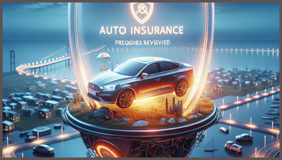 Symbolic representation of auto insurance with a car and protective shield.