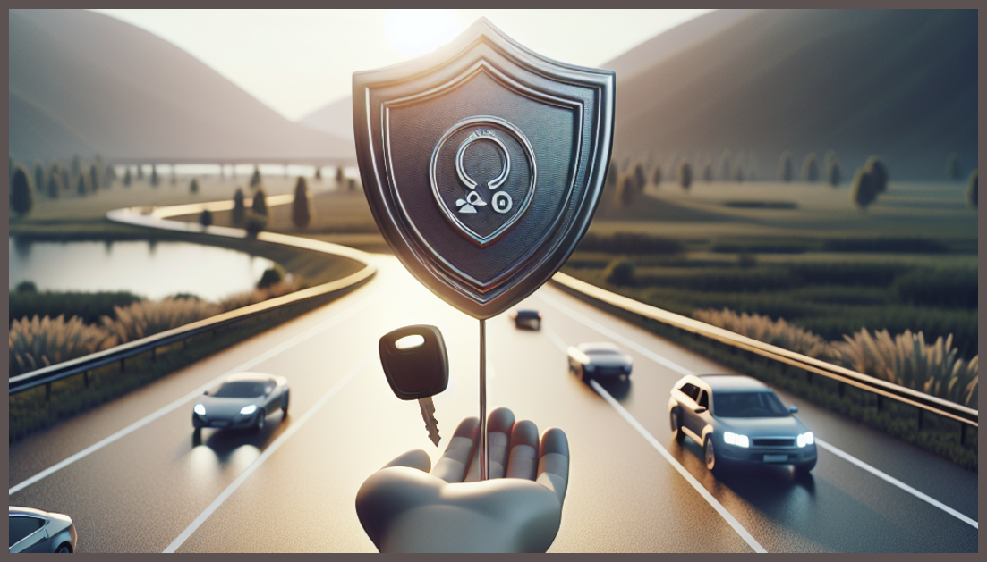 A shield symbolizing insurance protection on a road.
