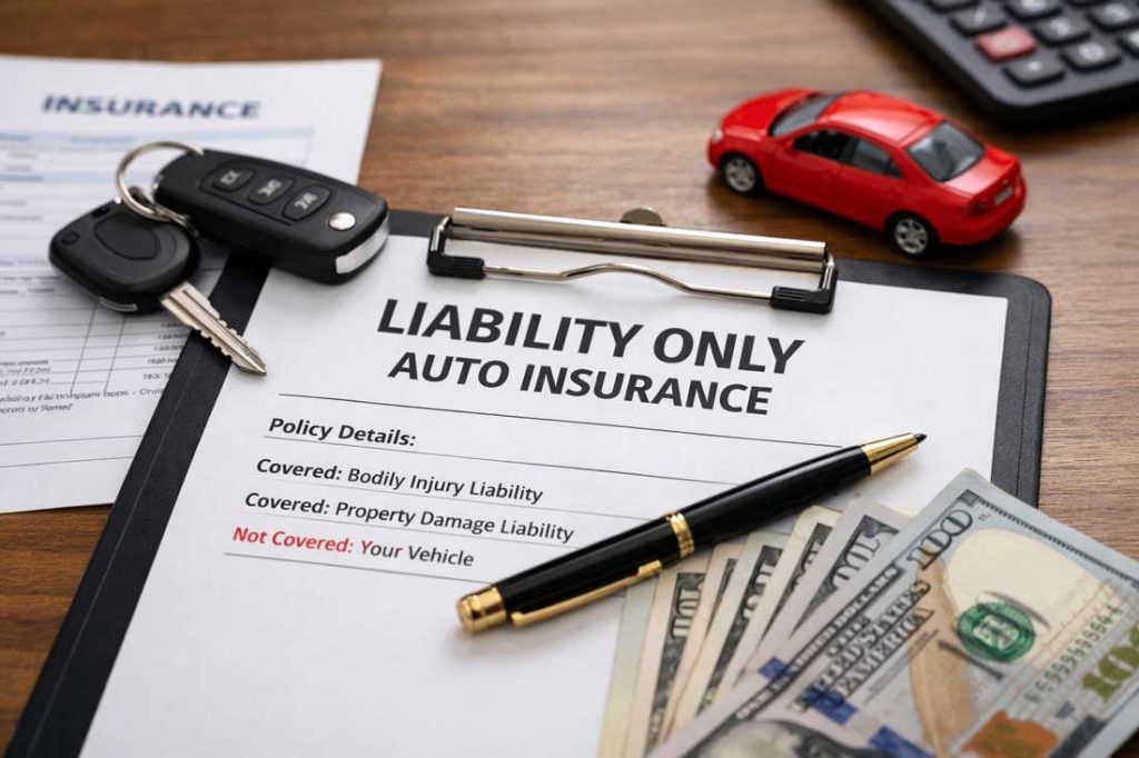 Liability-only auto insurance paperwork on a clipboard with car keys, a pen, cash, and a small red toy car on a desk.

