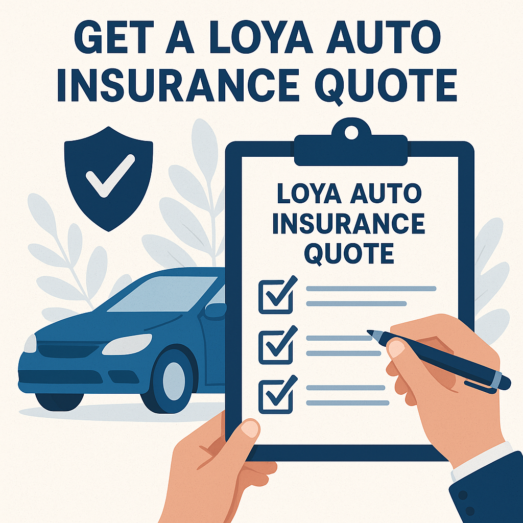 Illustration of a Loya auto insurance quote process showing a clipboard with checklist, a blue car, and a shield icon symbolizing protection