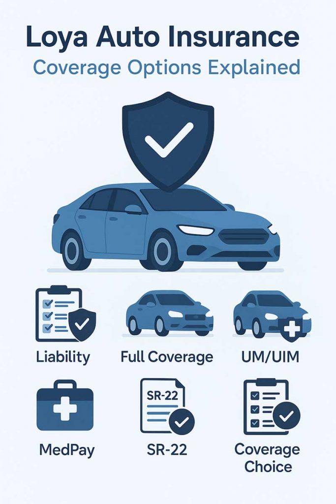Loya auto insurance illustration showing a blue car with a protection shield and icons for liability, full coverage, UM/UIM, MedPay, SR-22, and coverage choices