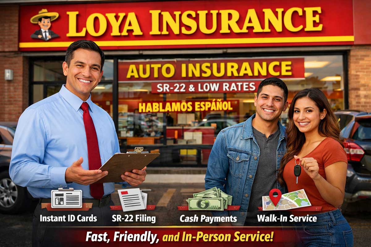 Loya Insurance walk-in office storefront with an agent helping a couple, highlighting instant proof of insurance, SR-22 filing, cash payments, and bilingual service.

