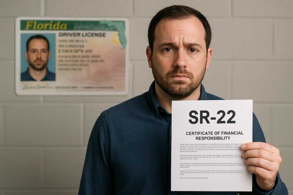 Man standing in front of a blurred Florida driver’s license, holding an SR-22 Certificate of Financial Responsibility and looking serious, illustrating the stress of keeping a license valid after major violations.