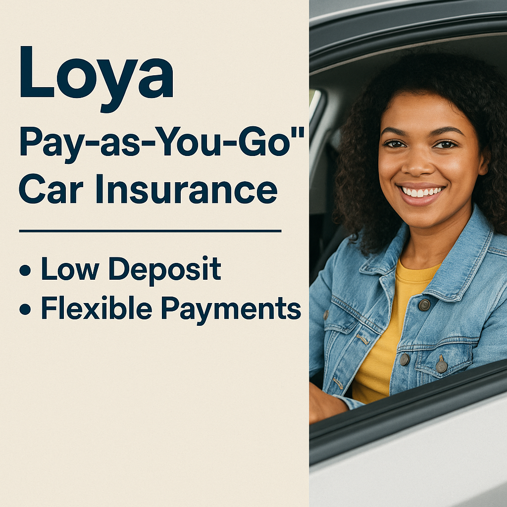 Digital banner showing a smiling woman sitting in her car next to bold text that reads ‘Loya Pay-as-You-Go Car Insurance – Low Deposit, Flexible Payments’ on a beige background.
