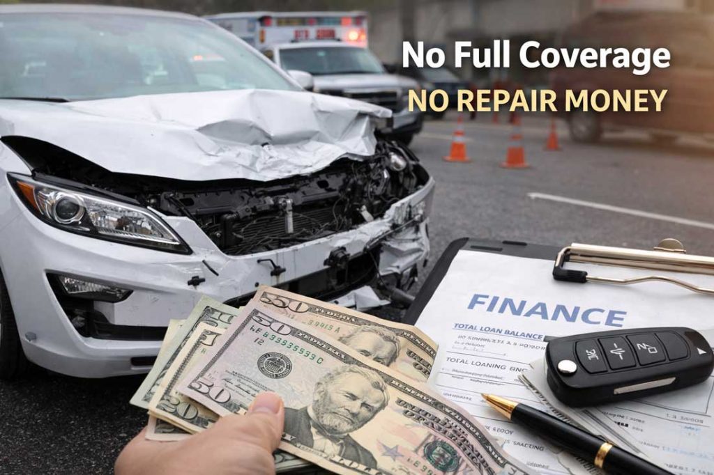 Damaged newer car after an accident with repair costs and loan paperwork, illustrating the financial risk of having liability-only auto insurance.
