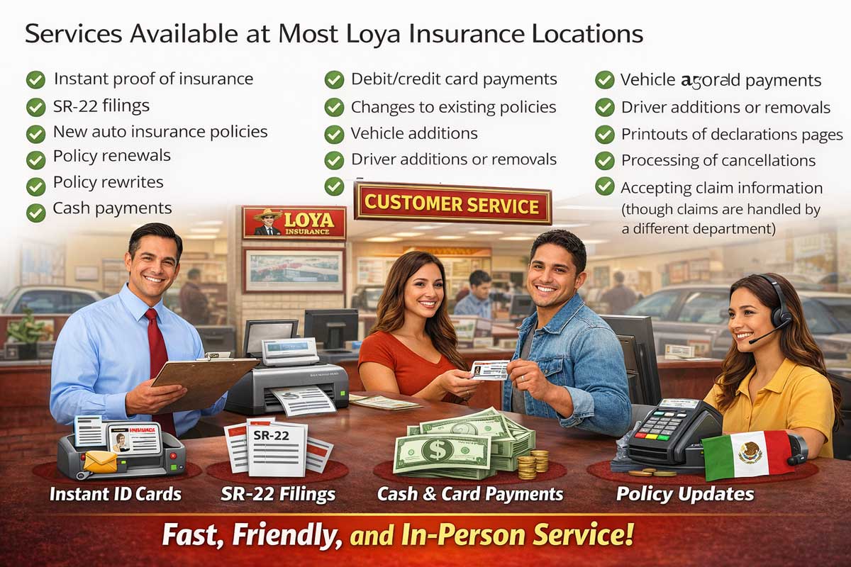Customer service desk at a Loya Insurance walk-in office showing available services, including instant proof of insurance, SR-22 filings, cash and card payments, policy updates, and bilingual assistance.