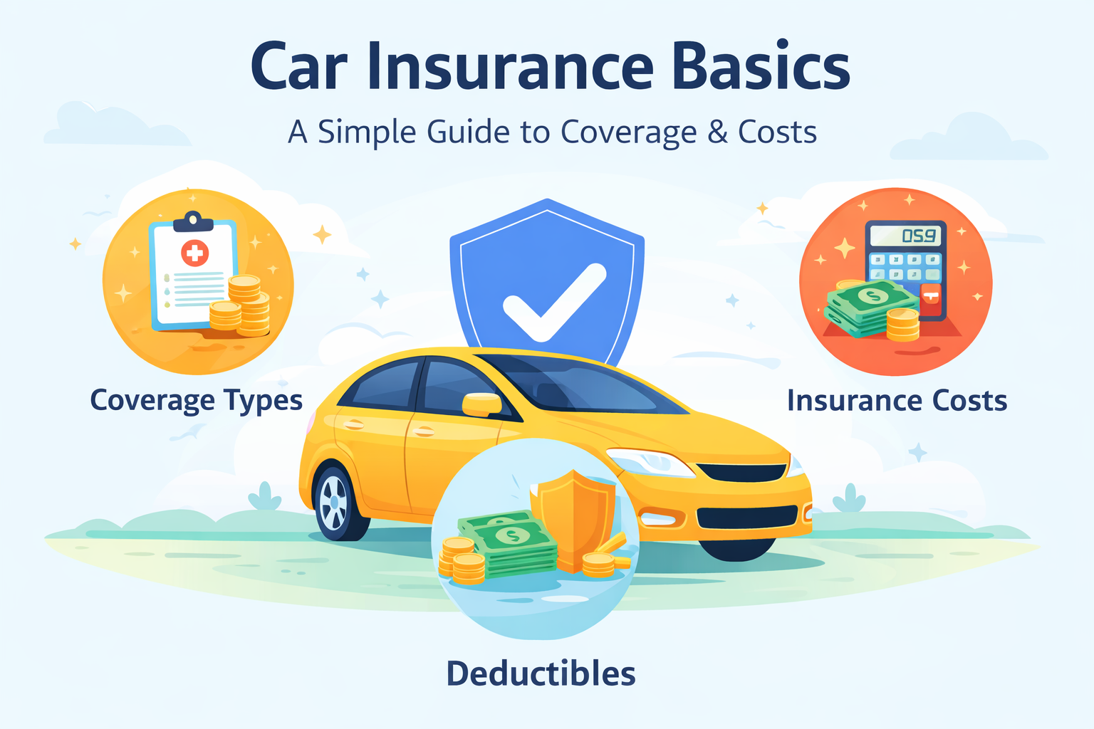 Car insurance basics illustration showing a yellow car with icons for coverage types, deductibles, and insurance costs.