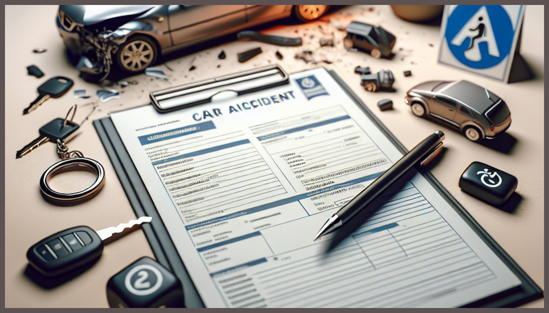 Car accident scene with insurance symbols and essential documents.