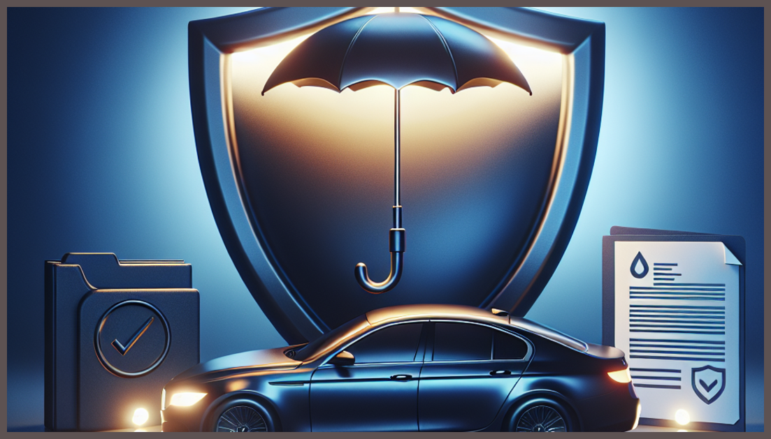 A symbol of auto insurance with a protective shield and a car.