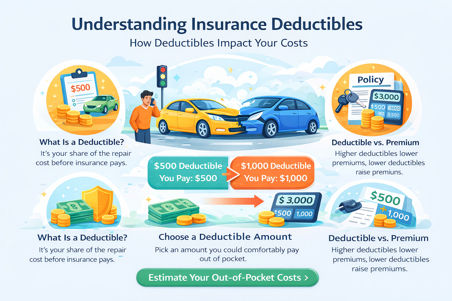 Insurance deductible illustration showing how deductibles affect auto insurance costs, premiums, and out-of-pocket payments after a claim.