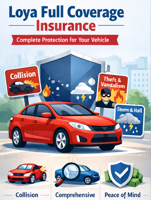 Infographic explaining Loya full coverage insurance, including liability, collision, and comprehensive protection