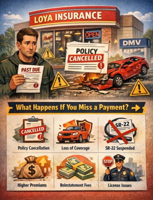 Loya Insurance payments infographic showing due dates, reminders, receipts, and online payment steps