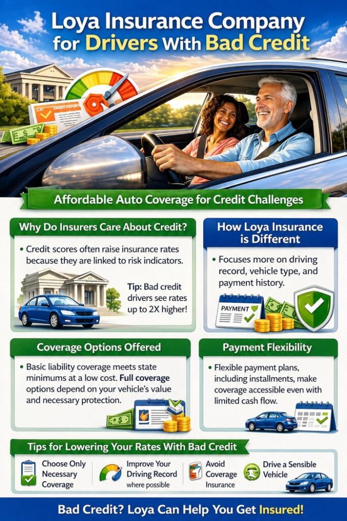 Infographic explaining Loya Insurance options for drivers with bad credit, payment flexibility, coverage choices, and ways to lower rates