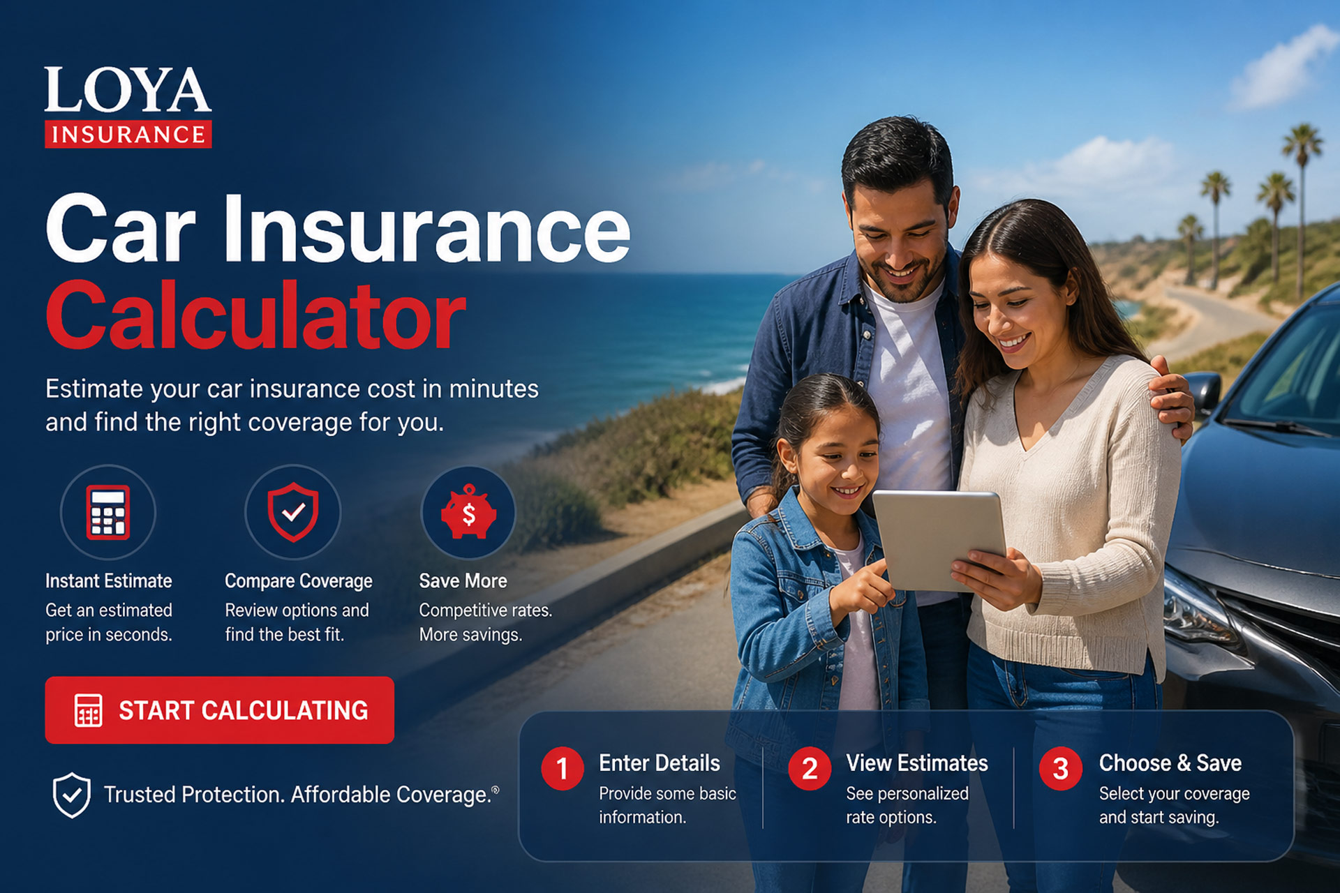 Loya Insurance car insurance calculator hero with family near the beach