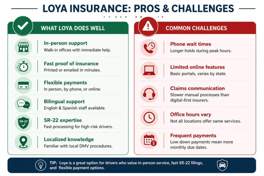 Loya Insurance customer service pros and cons infographic