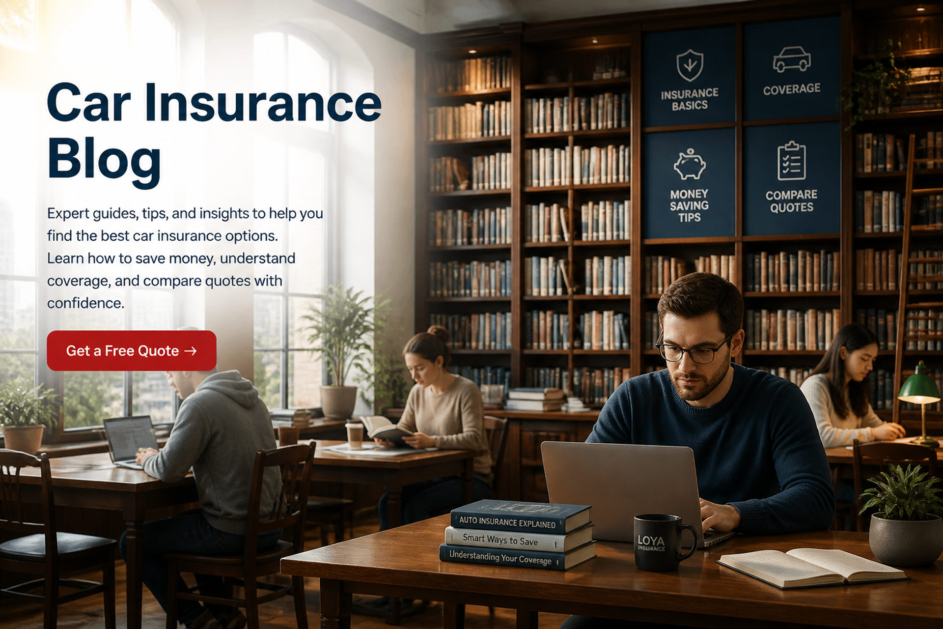 Car insurance blog library with people reading and researching coverage