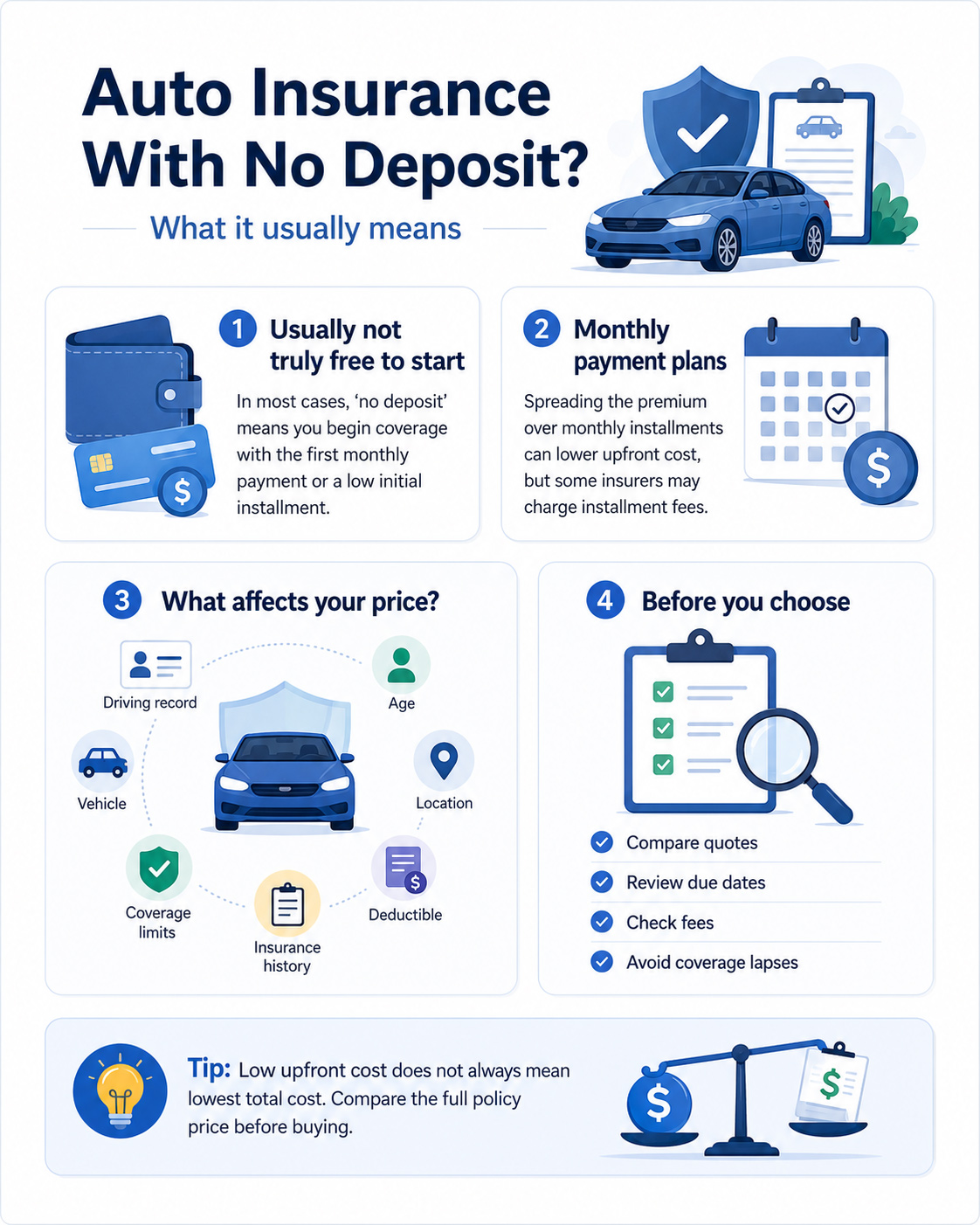 Infographic explaining auto insurance with no deposit, monthly payment plans, factors that affect price, and tips to compare quotes and avoid coverage lapses.